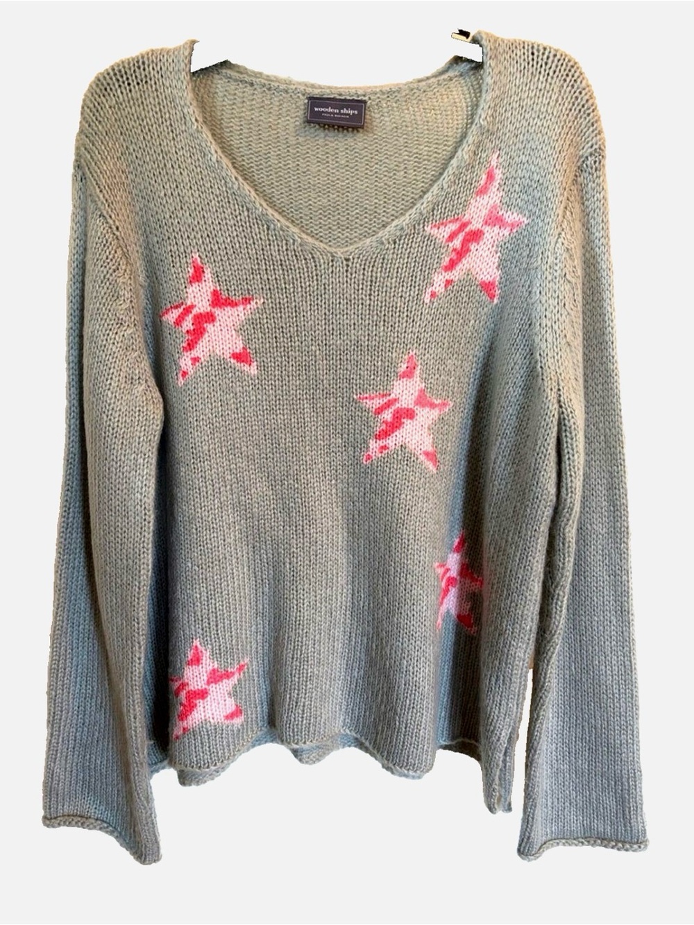 Wooden Ships Pink Star Sweater M/L Gray Mohair Wool V Neck Lightweight Knit
